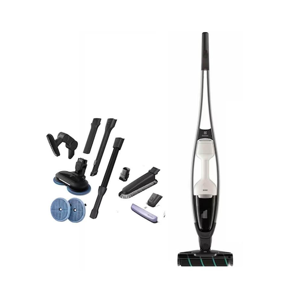 Electrolux 伊萊克斯 EFS71425WH 無線吸塵器，結合直立式與手持式設計，支援乾濕兩用清潔，0.3 公升可洗式集塵筒輕鬆處理灰塵與濕汙。輕量僅 5.55kg，充電 4.5 小時，尺寸寬 256 x 深 155 x 高 1097mm，適合居家多場景使用。中國製造，110V 電壓，BSMI 認證 R33428，提供 2 年保固，高效環保家電首選。