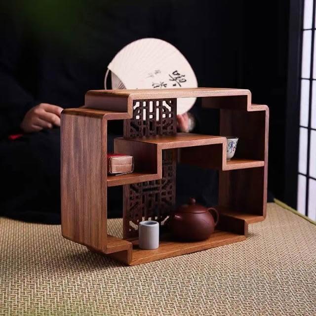 精品】 胡桃木置物架小型桌面茶杯博古架客廳茶室中式收納杯架展示架子