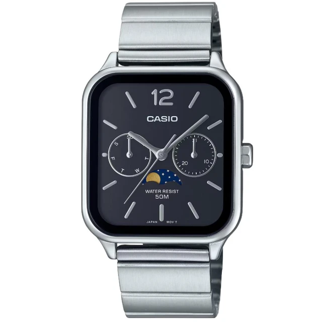 【CASIO 卡西歐】【柒號本舖】CASIO 卡西歐方型月相鋼帶男錶-黑 / MTP-M305D-1A (台灣公司貨)