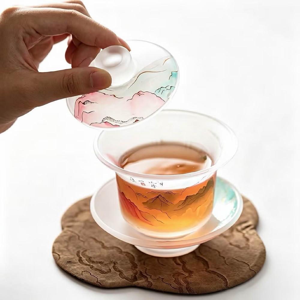 茶杯 茶具 冰凍琉璃燒千裏江山蓋碗茶具套裝家用玻璃功夫茶具戶外泡茶碗茶杯