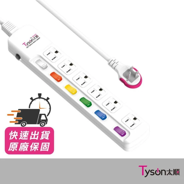 【Tyson 太順電業】太順電業 TS-366AS 3孔6開6插 扁頭延長線 1.8M 延長線插座