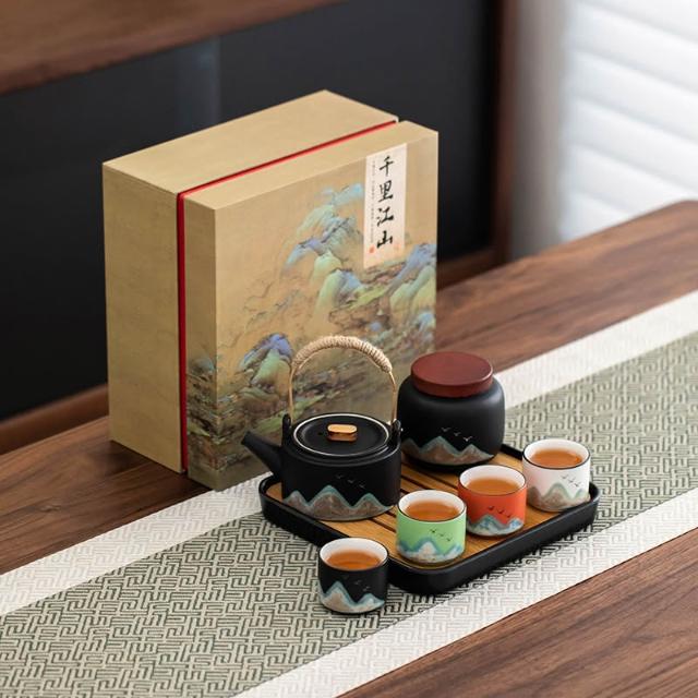【茶道具】影山造　仁清飾壺（共箱） 汝窯茶具套裝一壺四杯車載戶外露營喝茶茶具組戶外便攜式快客杯手抓壺 工芸品