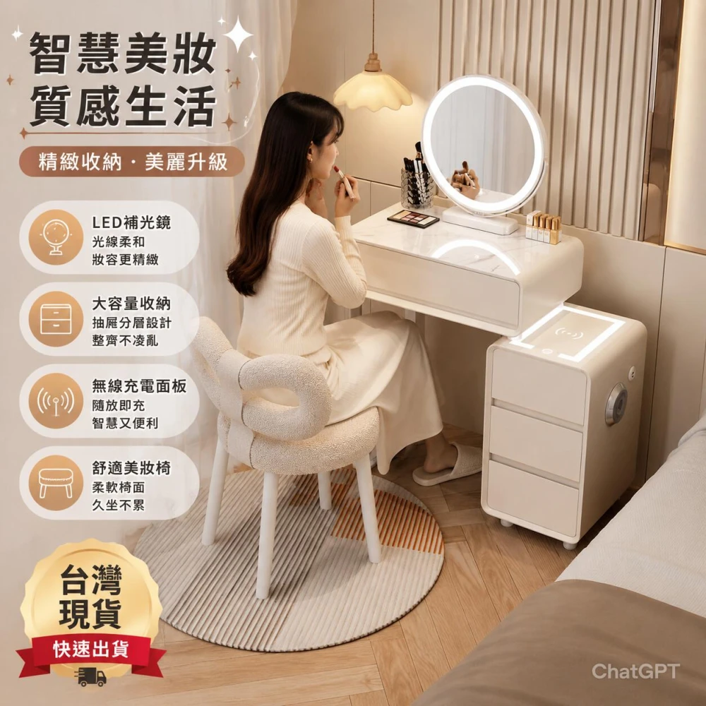 🔥台灣現貨 輕奢北歐臥室化妝臺 小戶型一體式梳妝檯 帶智能梳妝檯椅子