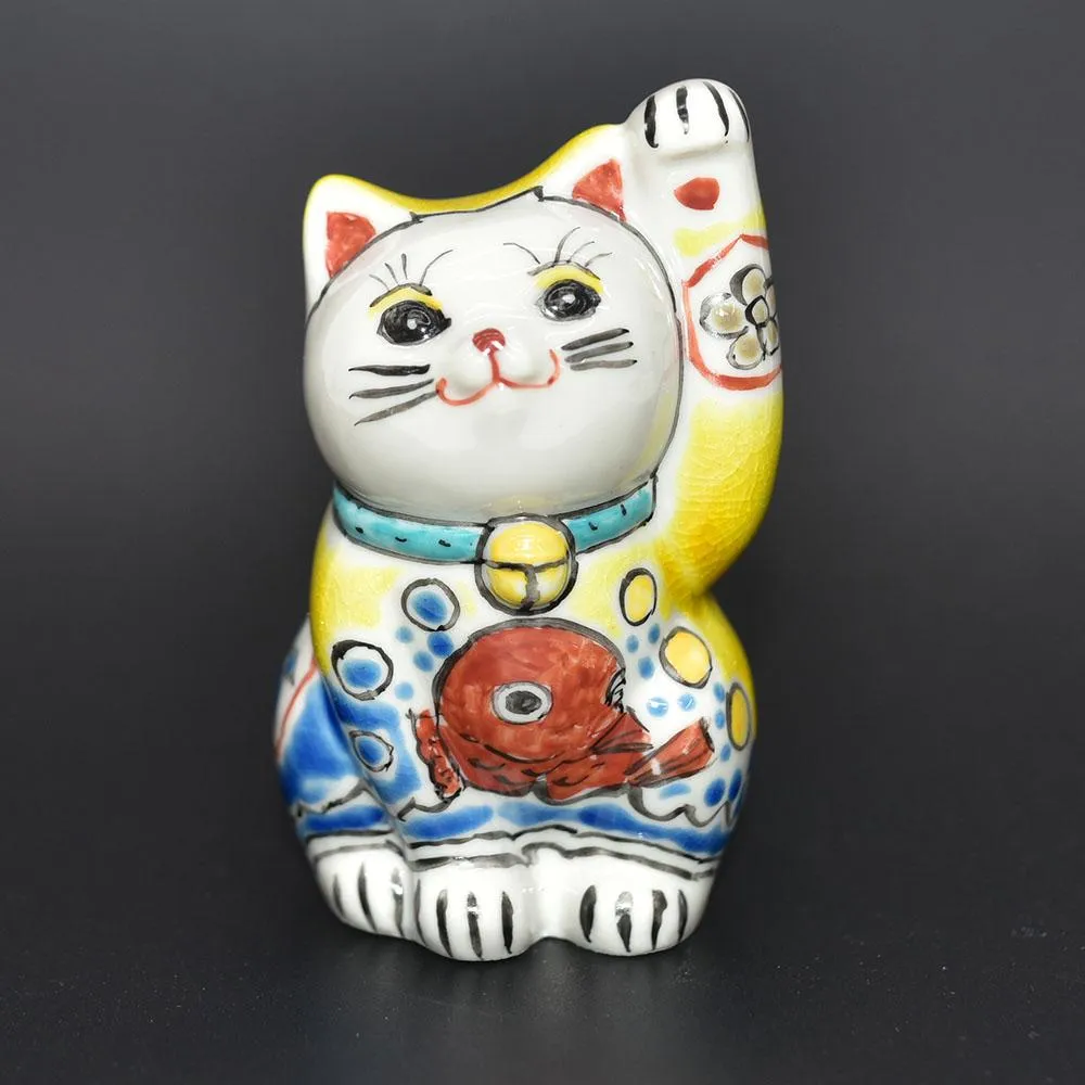 日本製九谷燒招財貓黃釉鯛魚開運招財擺飾9.5cm yc813