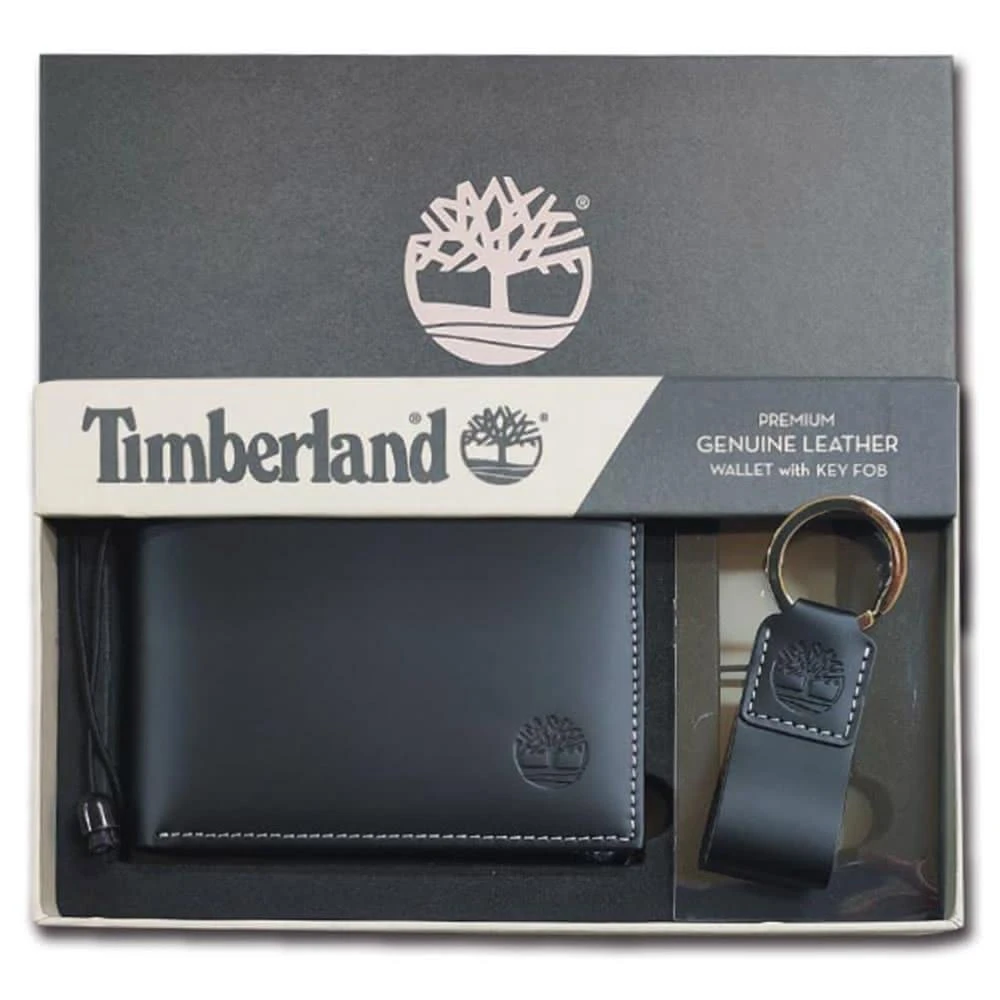 【Timberland】男皮夾 短夾 牛皮夾 零錢袋 多卡夾+鑰匙圈套組 品牌盒裝+原廠提袋／黑色(男夾短夾零錢袋)