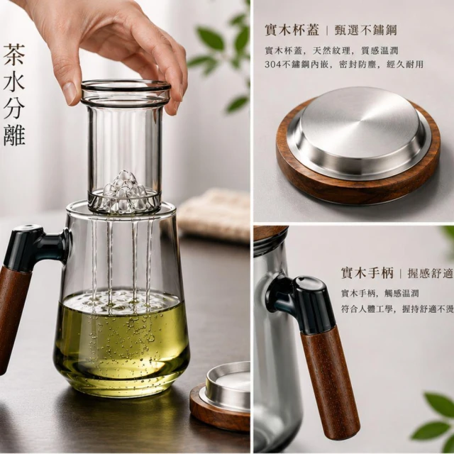 【Easygoo 輕鬆】透明帶蓋泡茶杯500ml ｜茶水分離泡茶杯 玻璃泡茶杯 木柄茶杯 濾茶杯 高硼硅玻璃茶杯【輕鬆購五金百貨】