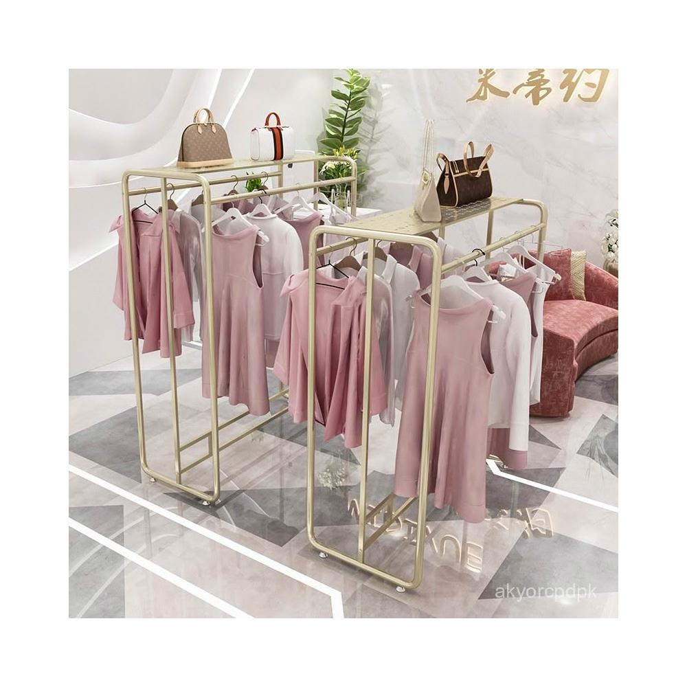 小紅書衕款 服裝店金色雙排中島架雙槓落地式展示架童裝女裝店銀色掛衣服貨架 4WM3