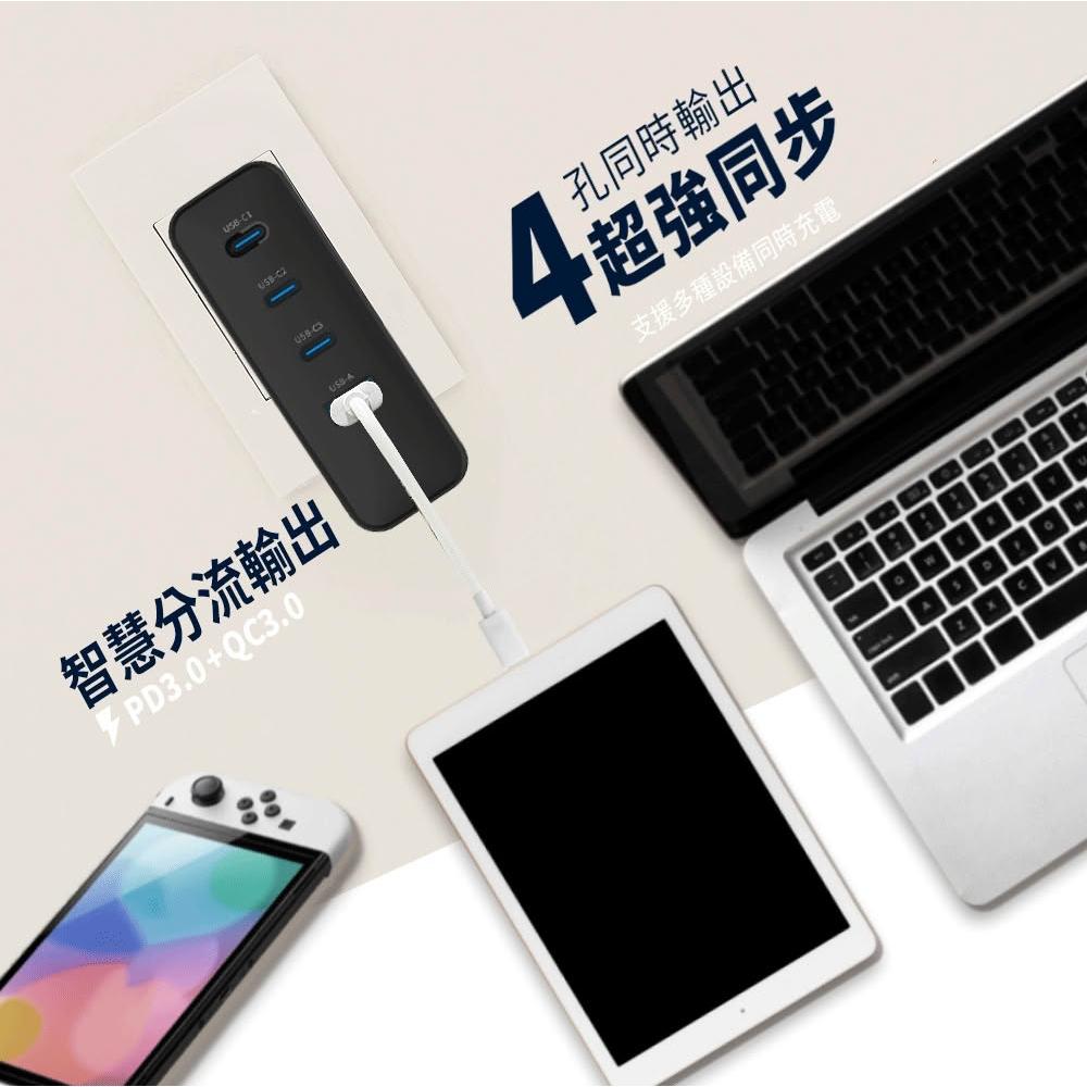 【Lami Fans】 GaN氮化鎵快充 超大功100W 防刮(110v 240v 四孔獨立快充 折疊插頭 多重電路 手機 平板 筆電 變壓器