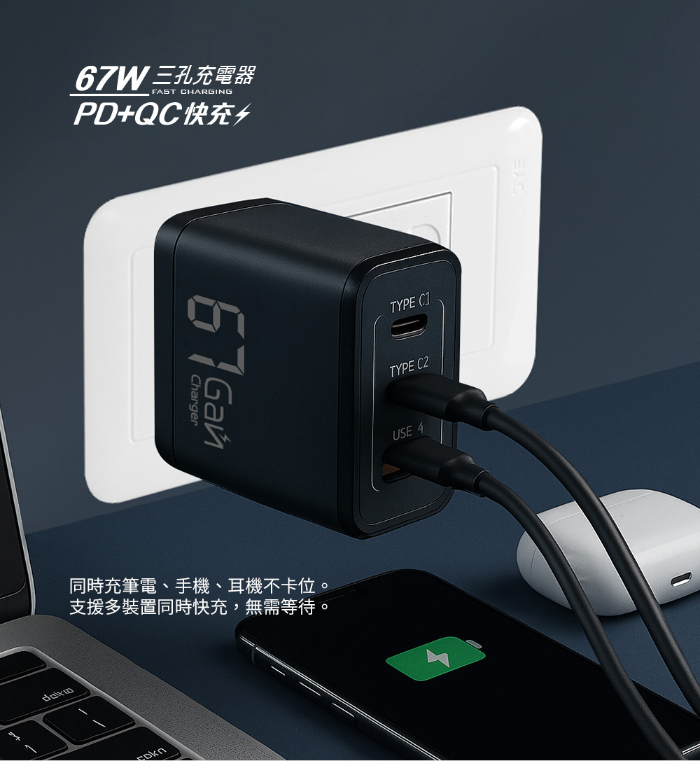 【Lami Fans】 GaN氮化鎵快充 大功率67W(摺疊插頭 無線充電 充電器 高瓦數 高功率 半導體技術 同時充電 漏電保護)